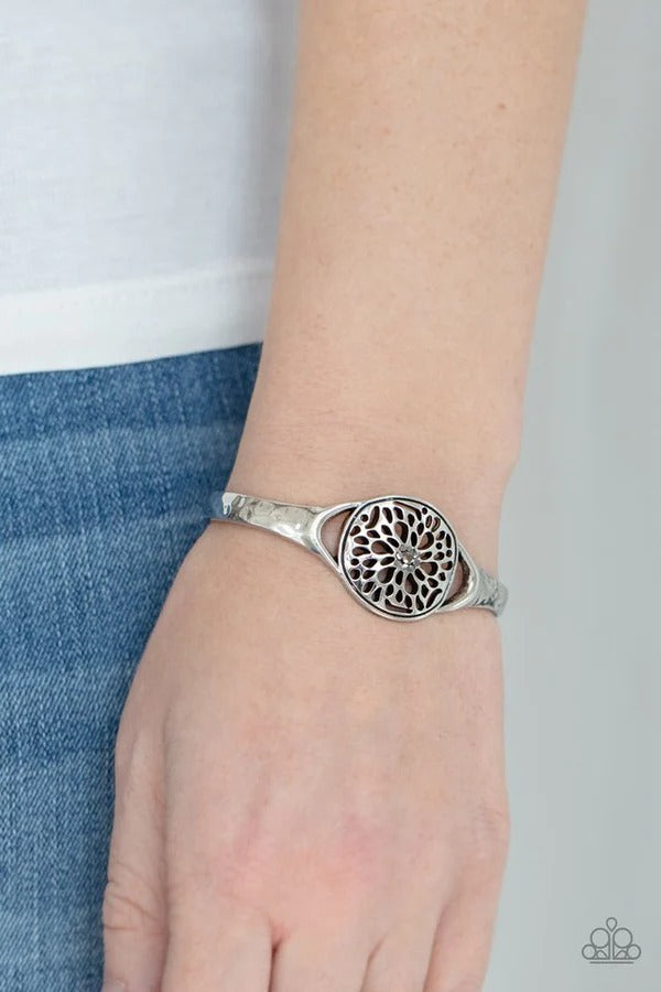 Modern Meadow - Silver Hematite Rhinestone Floral Cuff Bracelet