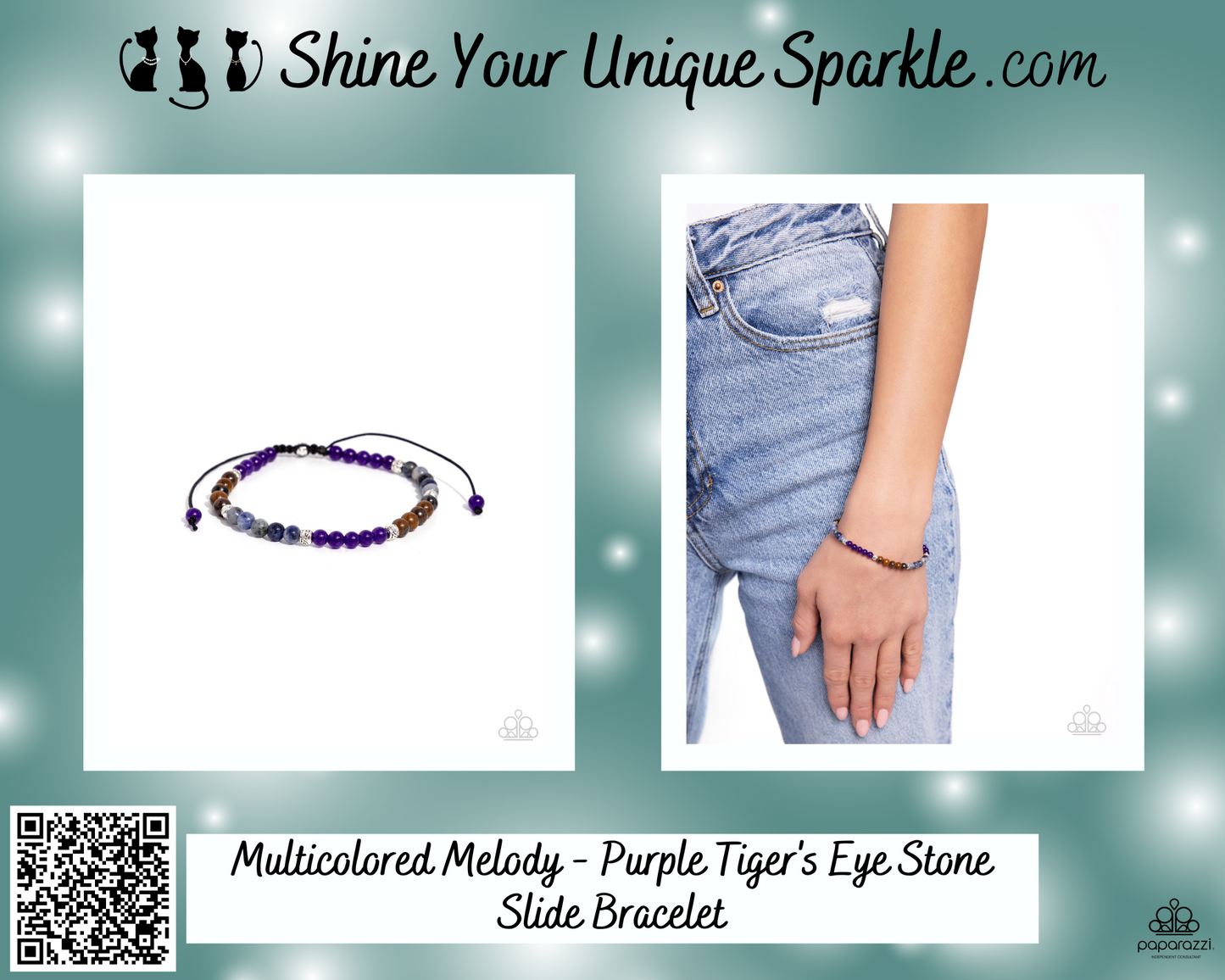Multicolored Melody - Purple Tiger's Eye Stone Slide Bracelet