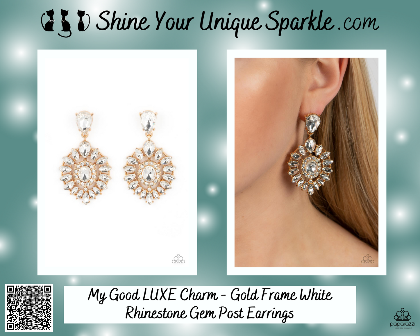 My Good LUXE Charm - Gold Frame White Rhinestone Gem Post Earrings