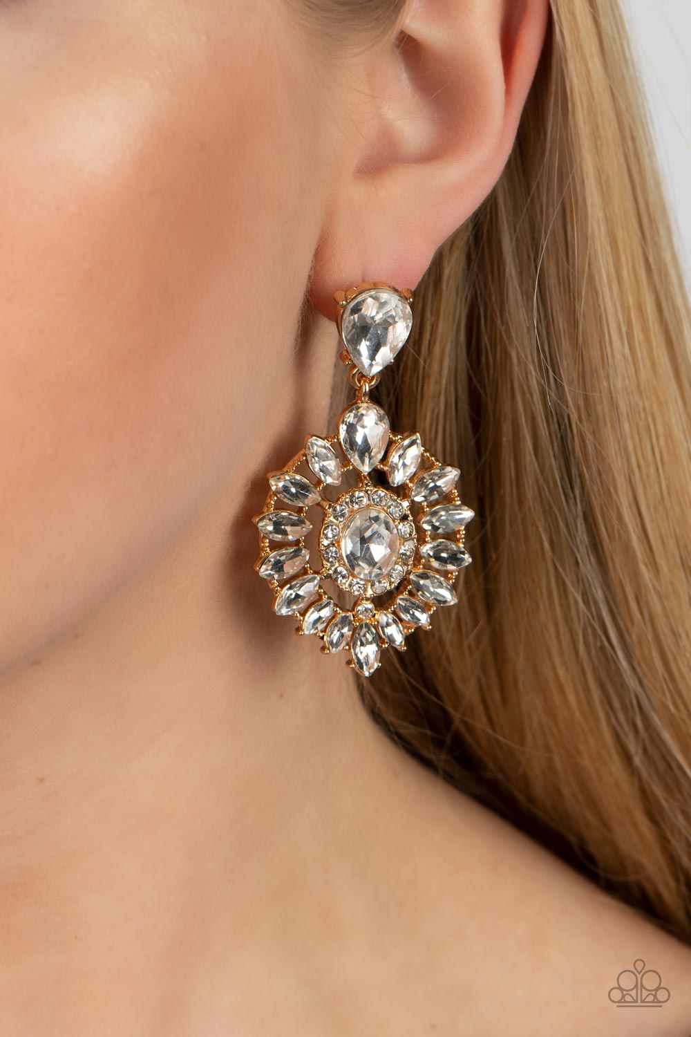 My Good LUXE Charm - Gold Frame White Rhinestone Gem Post Earrings