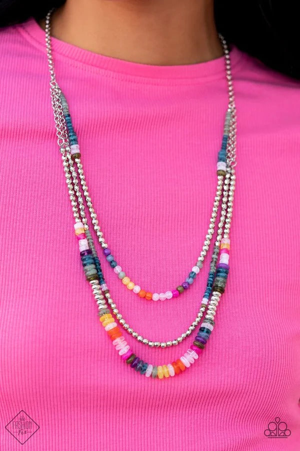 Newly Neverland - Multi Color Bead Silver Medium-Length Layered Necklace - Fashion Fix