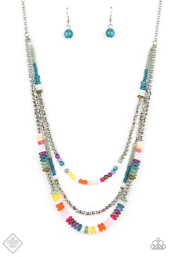 Newly Neverland - Multi Color Bead Silver Medium-Length Layered Necklace - Fashion Fix