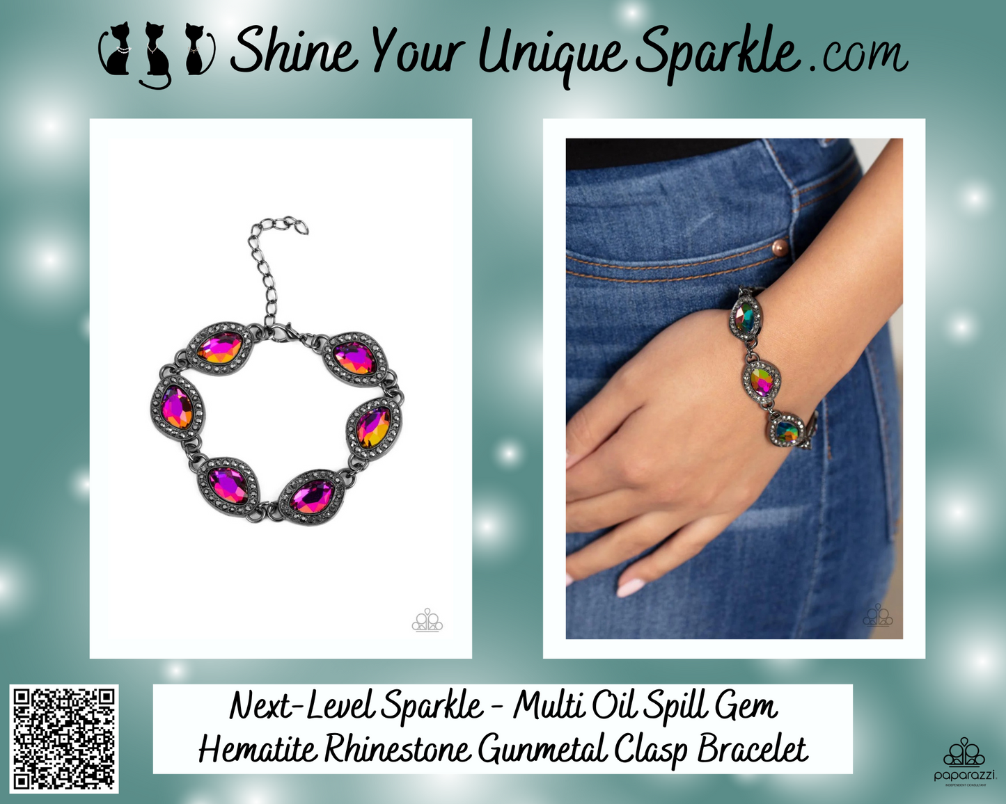 Next-Level Sparkle - Multi Oil Spill Gem Hematite Rhinestone Gunmetal Clasp Bracelet