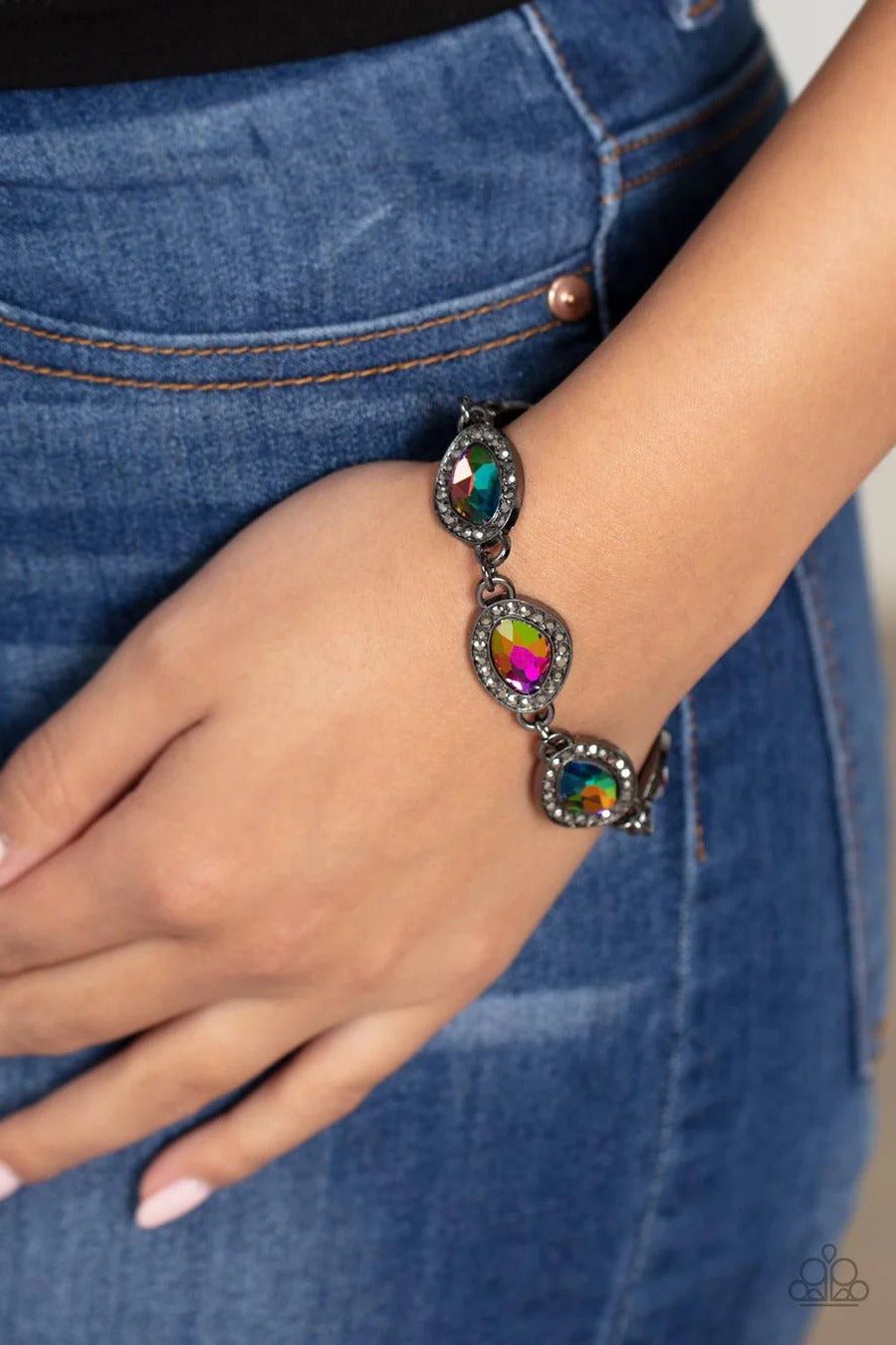 Next-Level Sparkle - Multi Oil Spill Gem Hematite Rhinestone Gunmetal Clasp Bracelet