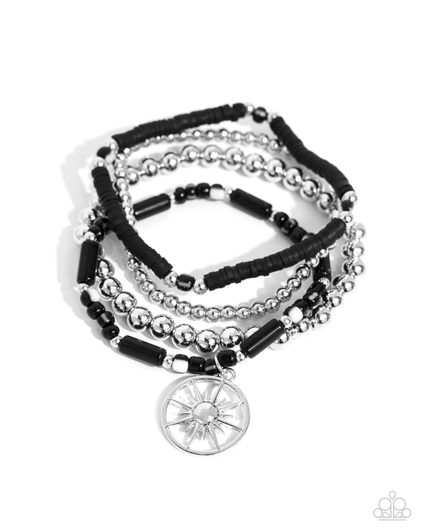 Nuanced Navigator - Black and Silver Bead Sunburst Stretchy Bracelet