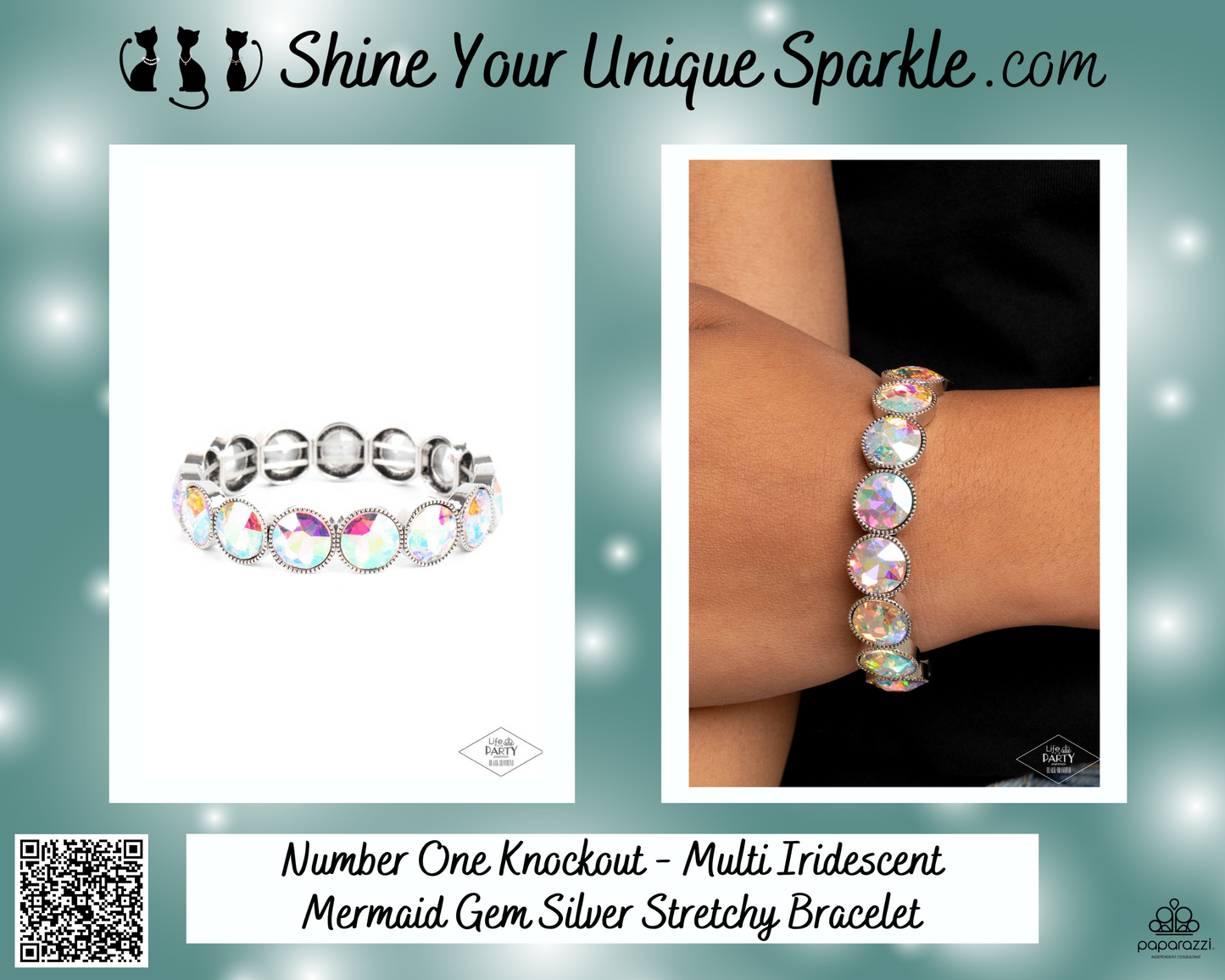 Number One Knockout - Multi Iridescent Mermaid Gem Silver Stretchy Bracelet