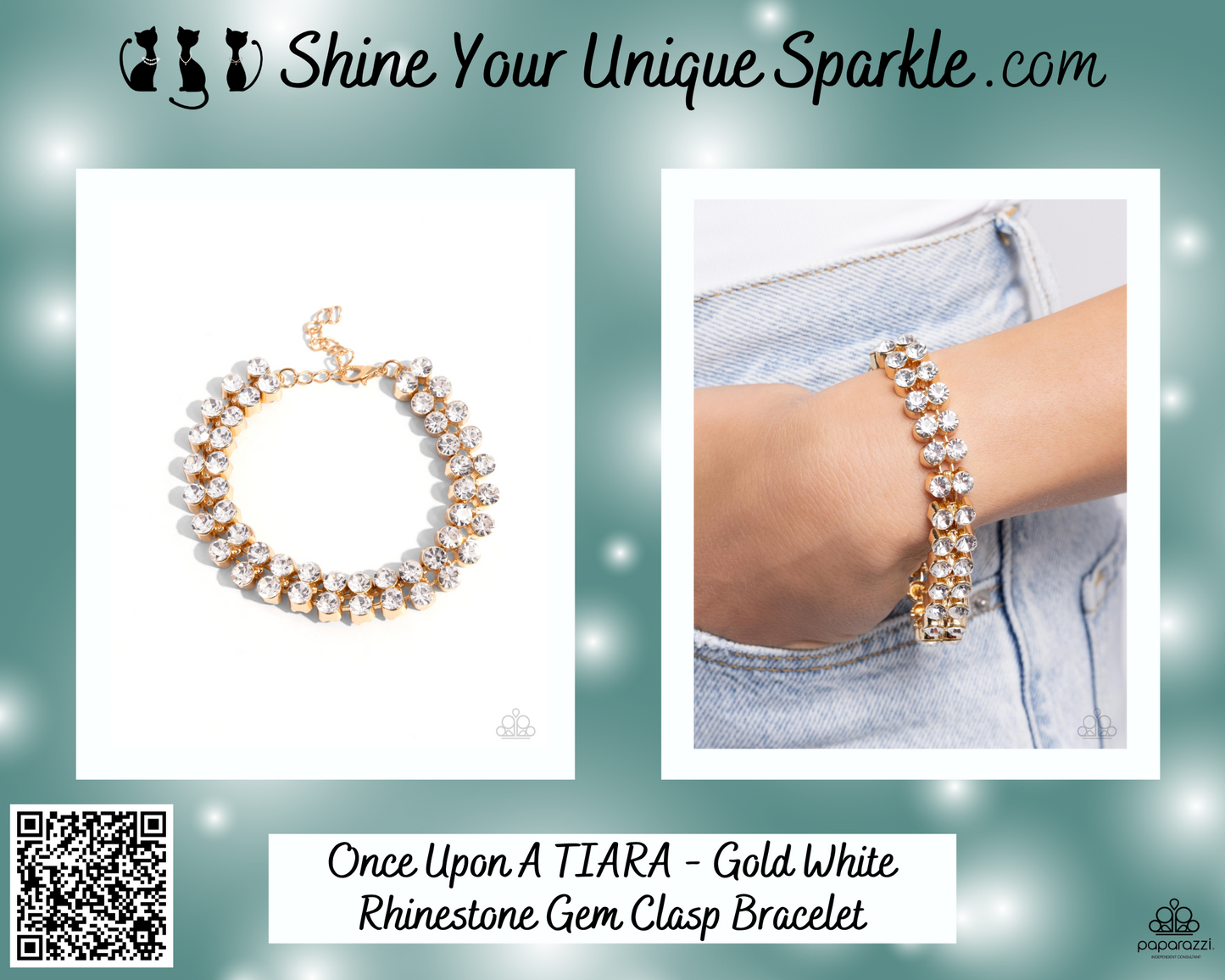 Once Upon A TIARA - Gold White Rhinestone Gem Clasp Bracelet