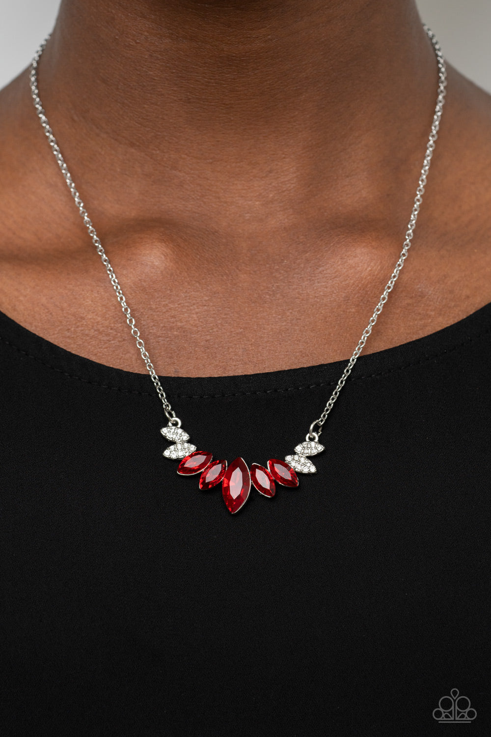 One Empire at a Time - Red and White Rhinestone Silver Short Necklace