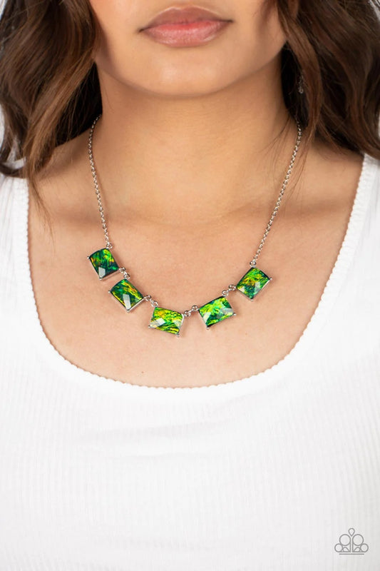 Opalescent Oblivion - Green/Orange Opalescent Gem Silver Short Necklace