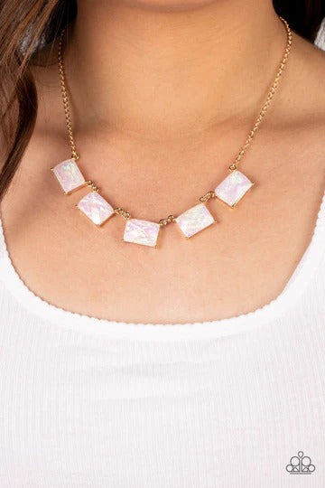 Opalescent Oblivion - Gold with White Opalescent Gems Short Necklace