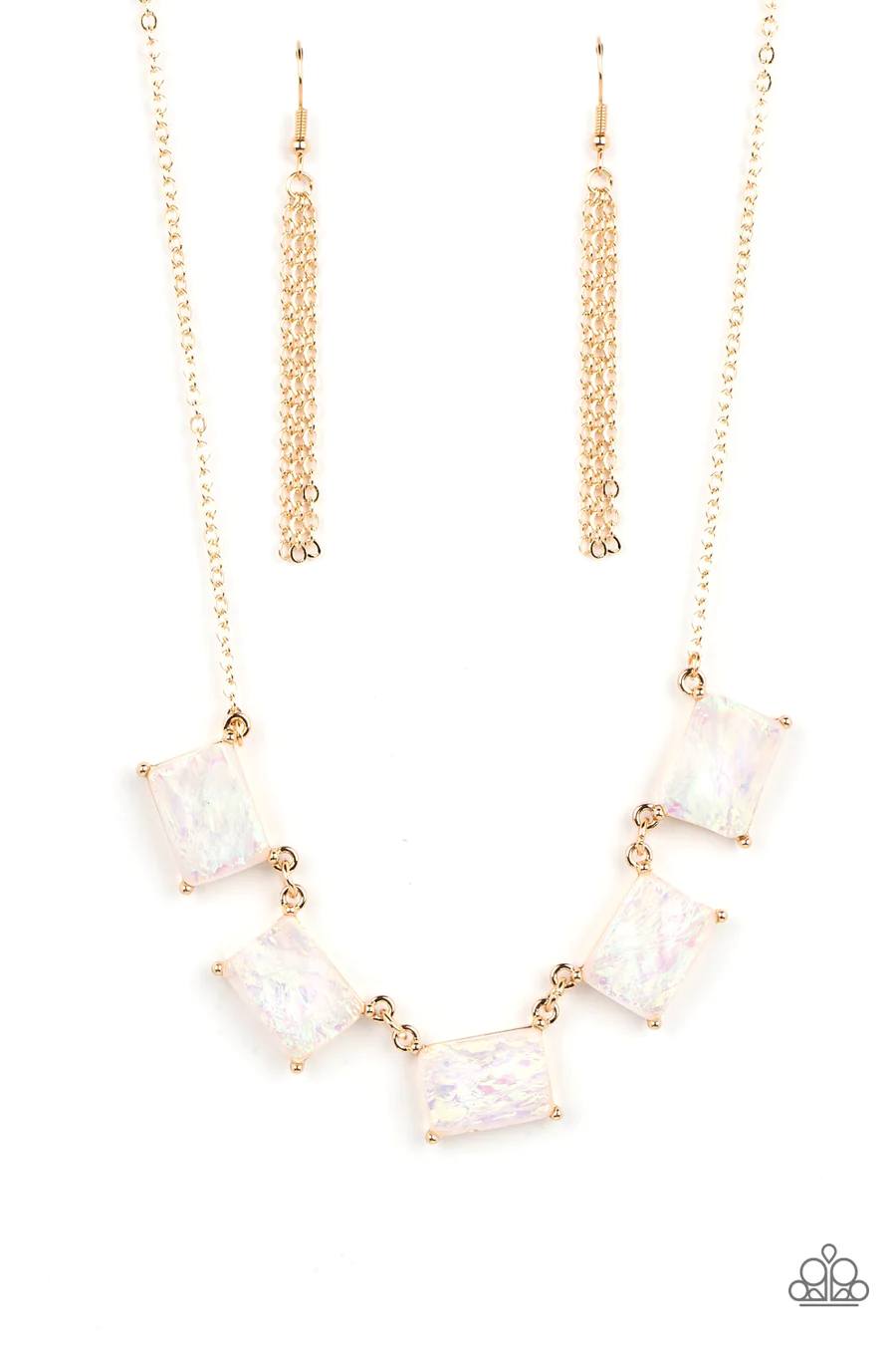 Opalescent Oblivion - Gold with White Opalescent Gems Short Necklace