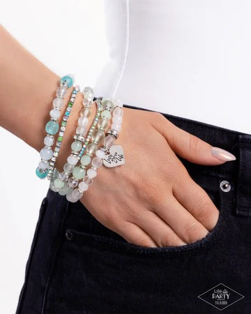 Optimistic Opulence - Multi Green White Blue Bead Iridescent Rhinestone Love Your Live Stretchy Bracelet Set - Pink Diamond Exclusive