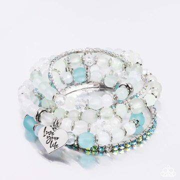 Optimistic Opulence - Multi Green White Blue Bead Iridescent Rhinestone Love Your Live Stretchy Bracelet Set - Pink Diamond Exclusive