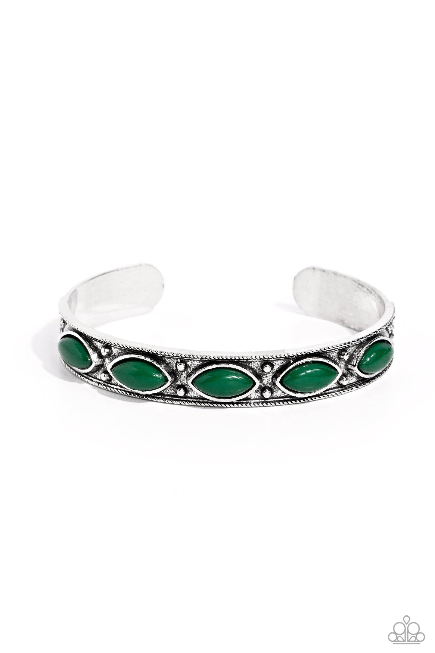 Out in the Boonies - Vine-Like Filagree Green Acrylic Beads Silver Cuff Bracelet