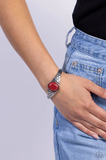 Over POP-ulated - Red Bead Silver Petite Cuff Bracelet