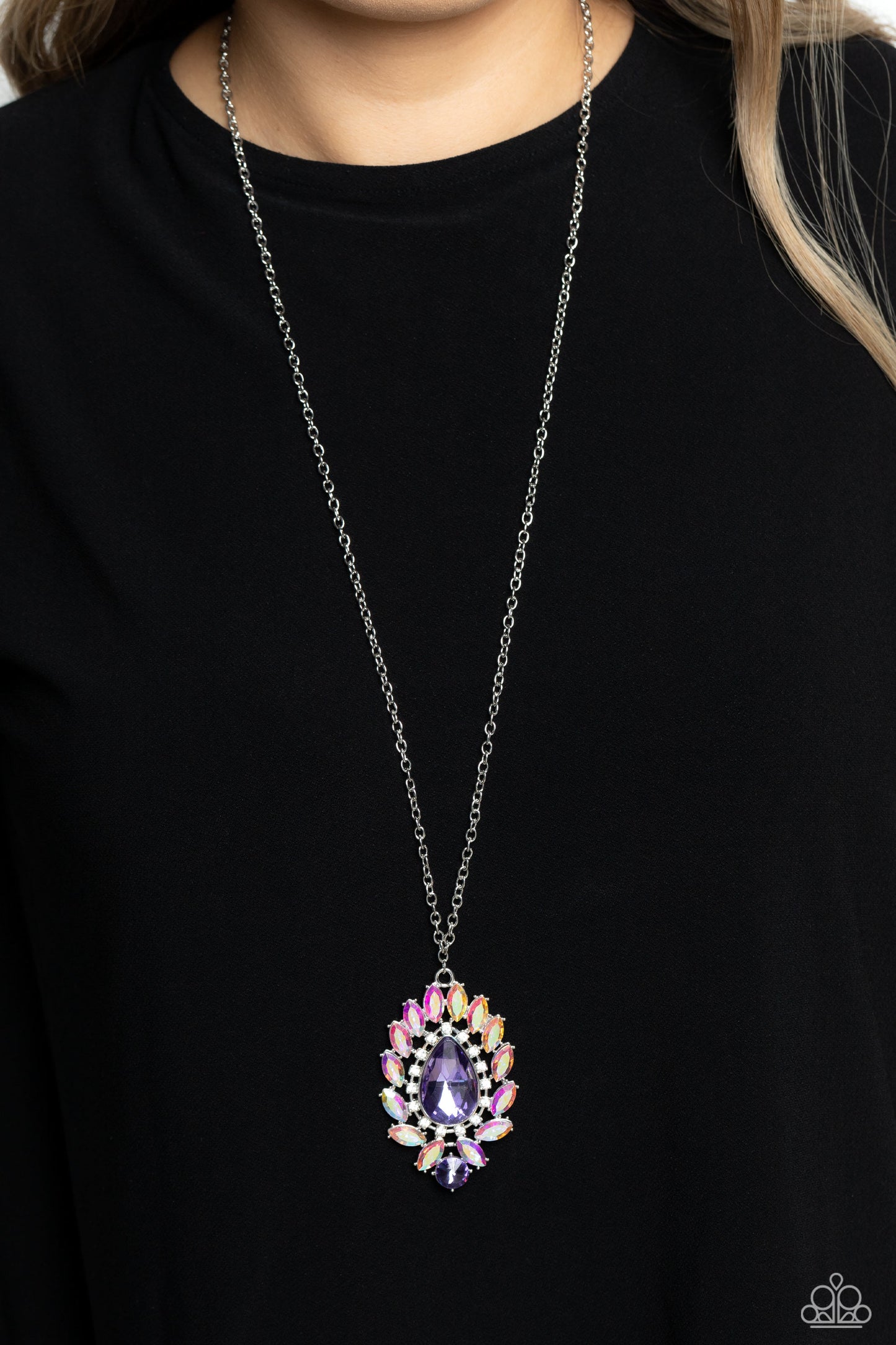 Over the TEARDROP - Purple Gem Iridescent Rhinestone Silver Long Necklace