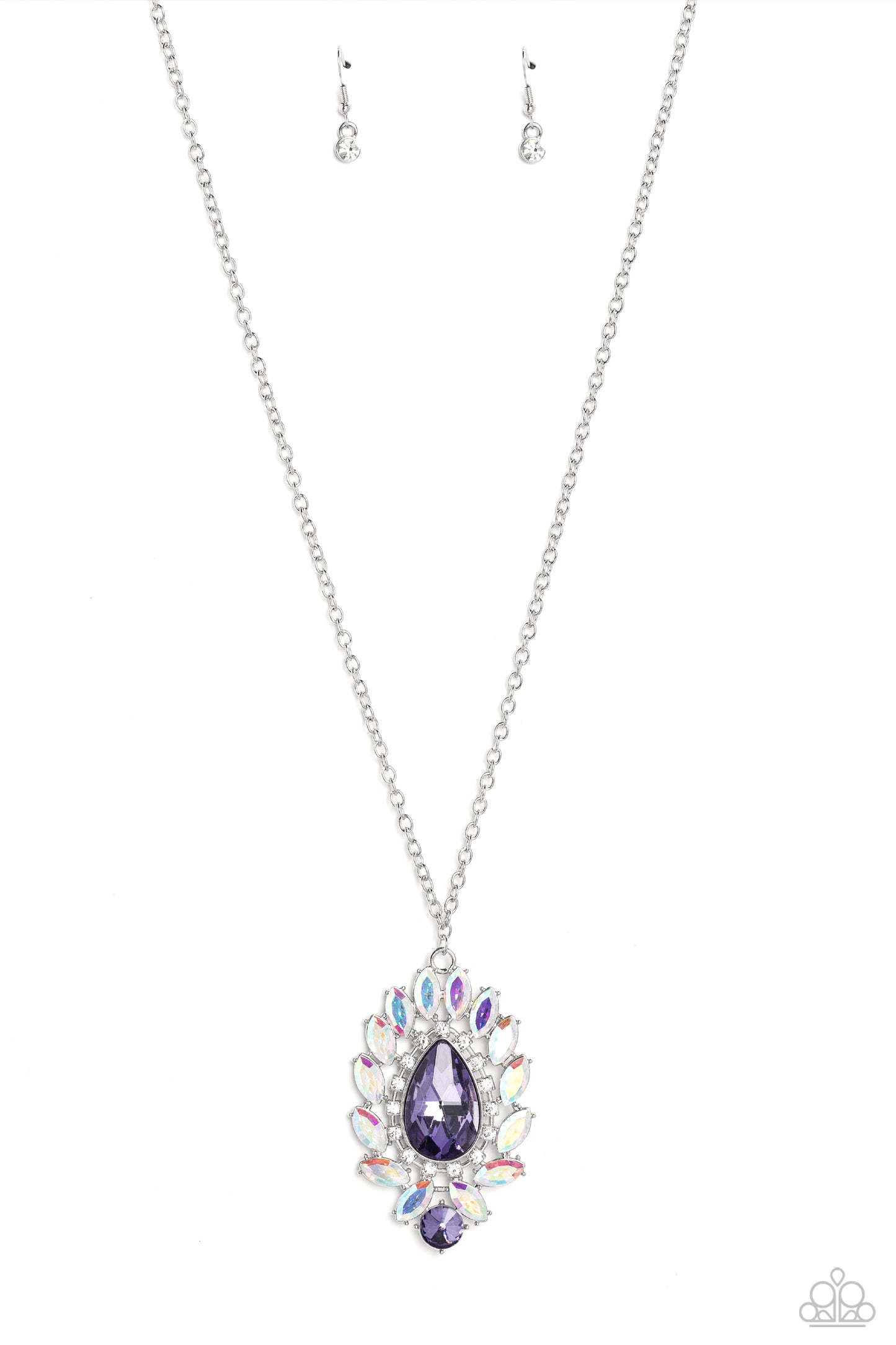 Over the TEARDROP - Purple Gem Iridescent Rhinestone Silver Long Necklace