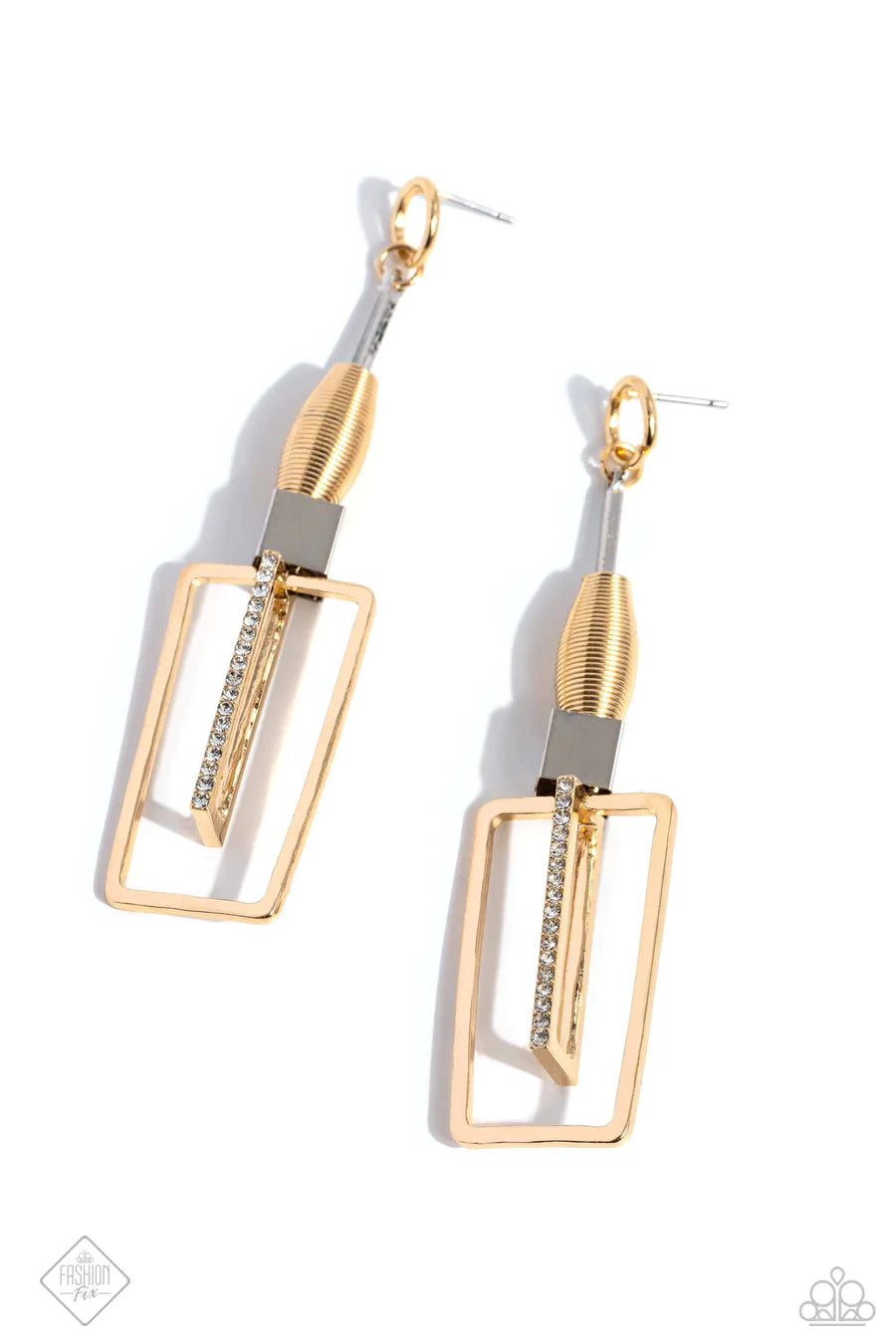 Clear the SQUARE - Gold Rectangle Silver Bar White Rhinestone Mixed Metal Post Earrings - Fashion Fix