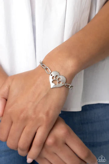 PAW-sitively Perfect - Silver Paw Print Heart Slide Bracelet