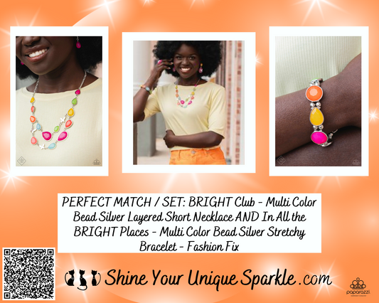 PERFECT MATCH / SET: BRIGHT Club - Multi Color Bead Silver Layered Short Necklace AND In All the BRIGHT Places - Multi Color Bead Silver Stretchy Bracelet - Fashion Fix