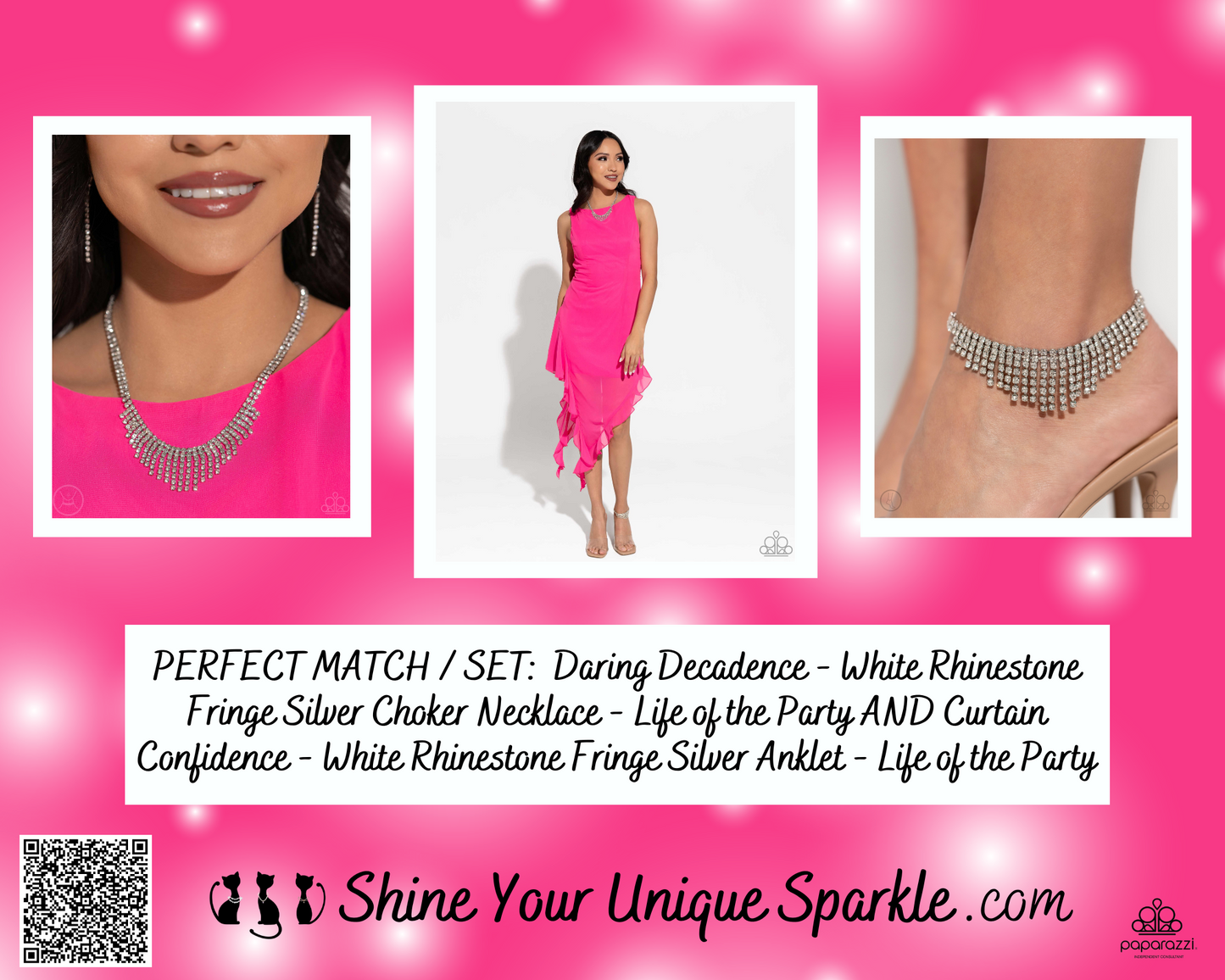 PERFECT MATCH / SET: Daring Decadence - White Rhinestone Fringe Silver Choker Necklace AND Curtain Confidence - White Rhinestone Fringe Silver Anklet - Life of the Party