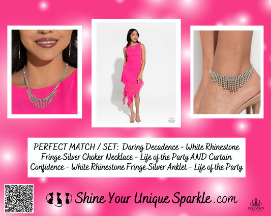 PERFECT MATCH / SET: Daring Decadence - White Rhinestone Fringe Silver Choker Necklace AND Curtain Confidence - White Rhinestone Fringe Silver Anklet - Life of the Party