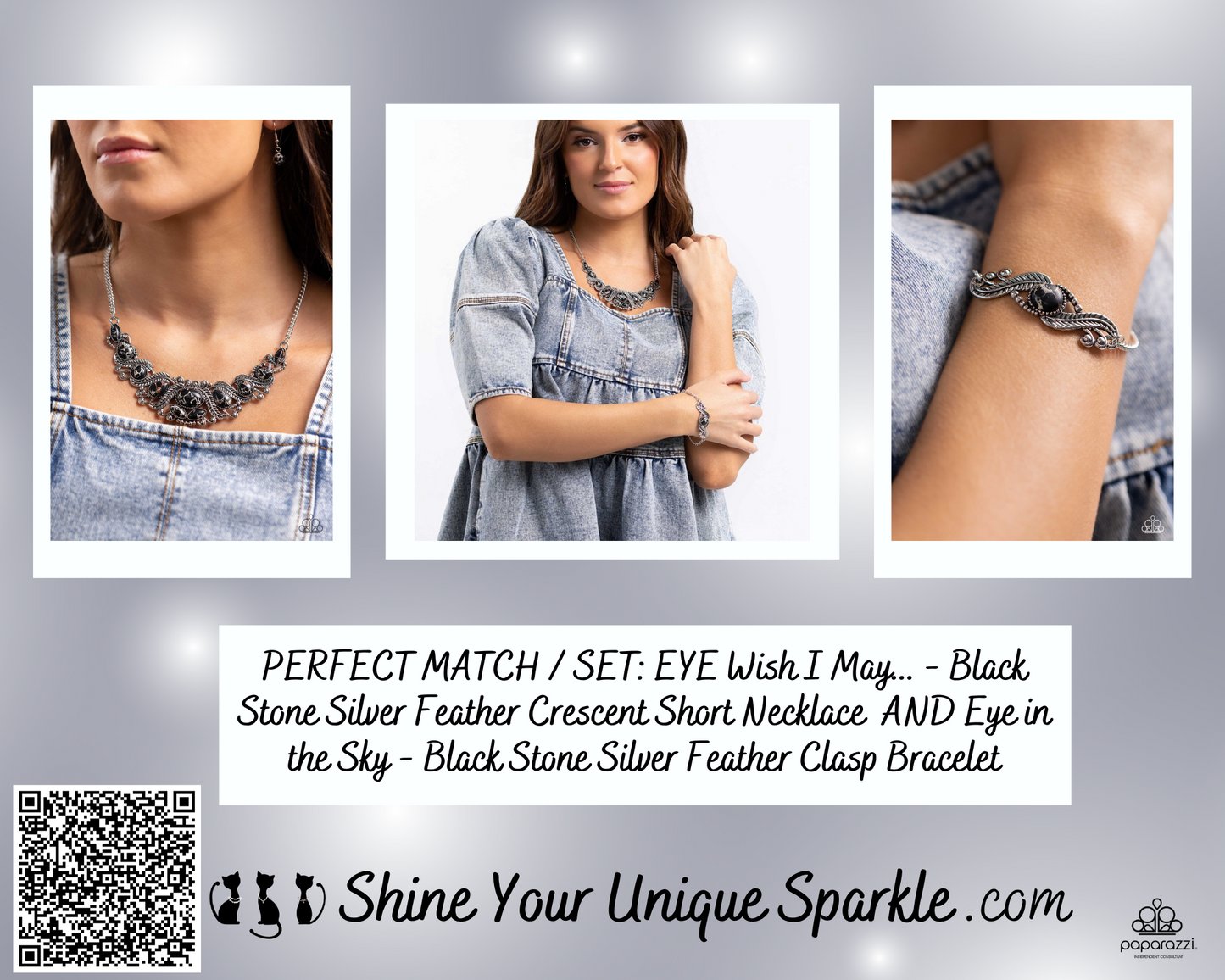PERFECT MATCH / SET: EYE Wish I May... - Black Stone Silver Feather Crescent Short Necklace AND Eye in the Sky - Black Stone Silver Feather Clasp Bracelet