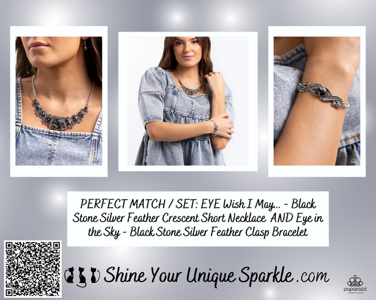 PERFECT MATCH / SET: EYE Wish I May... - Black Stone Silver Feather Crescent Short Necklace AND Eye in the Sky - Black Stone Silver Feather Clasp Bracelet