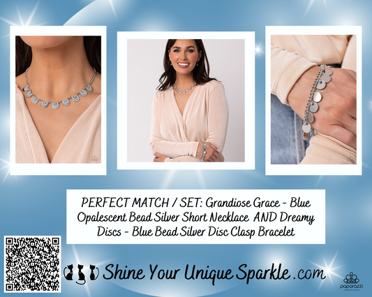 PERFECT MATCH / SET: Grandiose Grace - Blue Opalescent Bead Silver Short Necklace AND Dreamy Discs - Blue Bead Silver Disc Clasp Bracelet