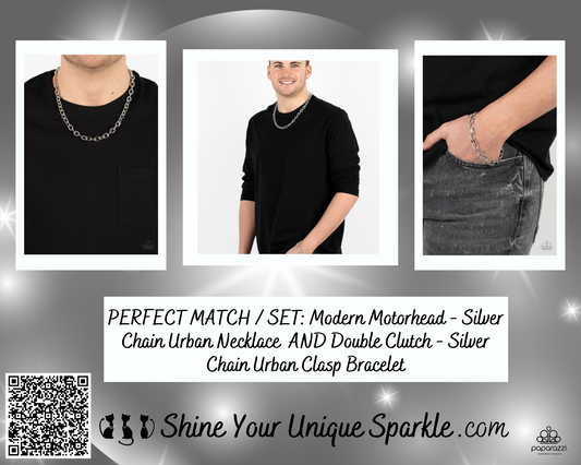 PERFECT MATCH / SET: Modern Motorhead - Silver Chain Urban Necklace AND Double Clutch - Silver Chain Urban Clasp Bracelet