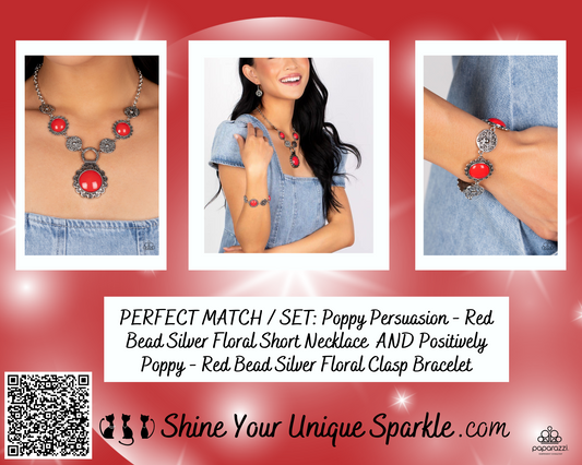 PERFECT MATCH / SET: Poppy Persuasion - Red Bead Silver Floral Short Necklace AND Positively Poppy - Red Bead Silver Floral Clasp Bracelet