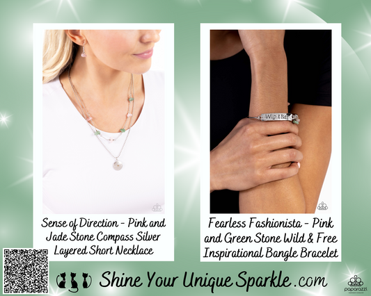 PERFECT MATCH / SET: Sense of Direction - Pink and Jade Stone Compass Silver Layered Short Necklace AND Fearless Fashionista - Pink and Green Stone Wild & Free Inspirational Bangle Bracelet