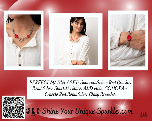 PERFECT MATCH / SET: Sonoran Solo - Red Crackle Bead Silver Short Necklace AND Hola, SONORA - Red Crackle Bead Silver Clasp Bracelet