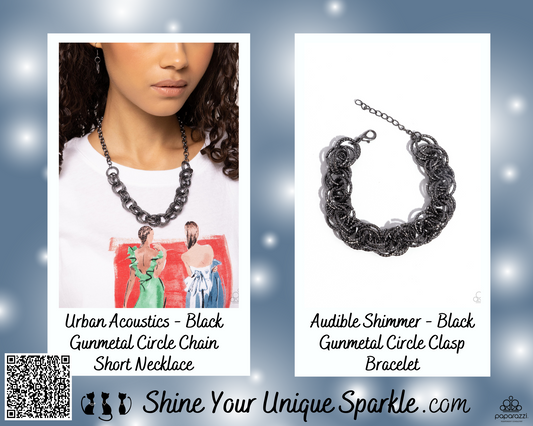 PERFECT MATCH / SET: Urban Acoustics - Black Gunmetal Circle Chain Short Necklace AND Audible Shimmer - Black Gunmetal Circle Clasp Bracelet