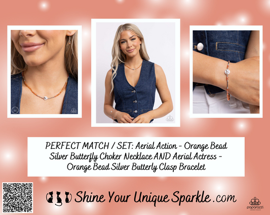 PERFECT MATCH / SET: Aerial Action - Orange Bead Silver Butterfly Choker Necklace AND Aerial Actress - Orange Bead Silver Butterly Clasp Bracelet