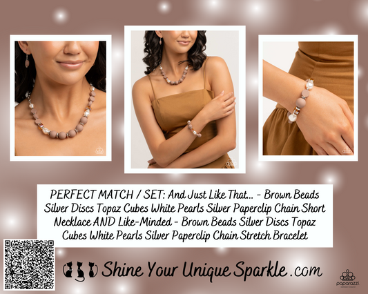 PERFECT MATCH / SET: And Just Like That... - Brown Beads Silver Discs Topaz Cubes White Pearls Silver Paperclip Chain Short Necklace AND Like-Minded - Brown Beads Silver Discs Topaz Cubes White Pearls Silver Paperclip Chain Stretch Bracelet
