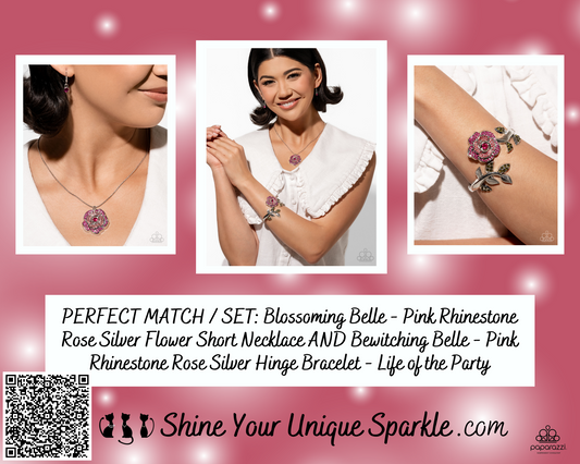 PERFECT MATCH / SET: Blossoming Belle - Pink Rhinestone Rose Silver Flower Short Necklace AND Bewitching Belle - Pink Rhinestone Rose Silver Hinge Bracelet - Life of the Party