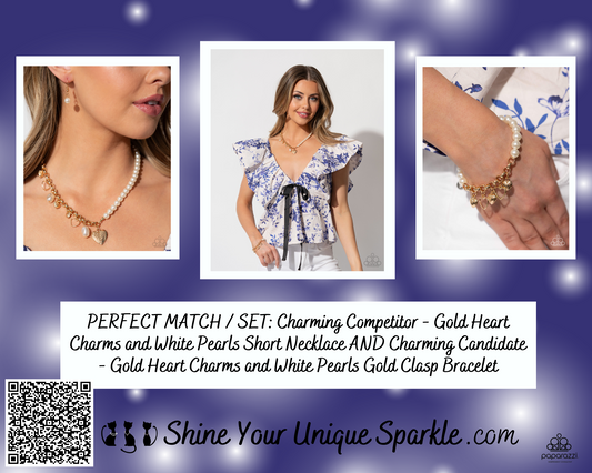 PERFECT MATCH / SET: Charming Competitor - Gold Heart Charms and White Pearls Short Necklace AND Charming Candidate - Gold Heart Charms and White Pearls Gold Clasp Bracelet