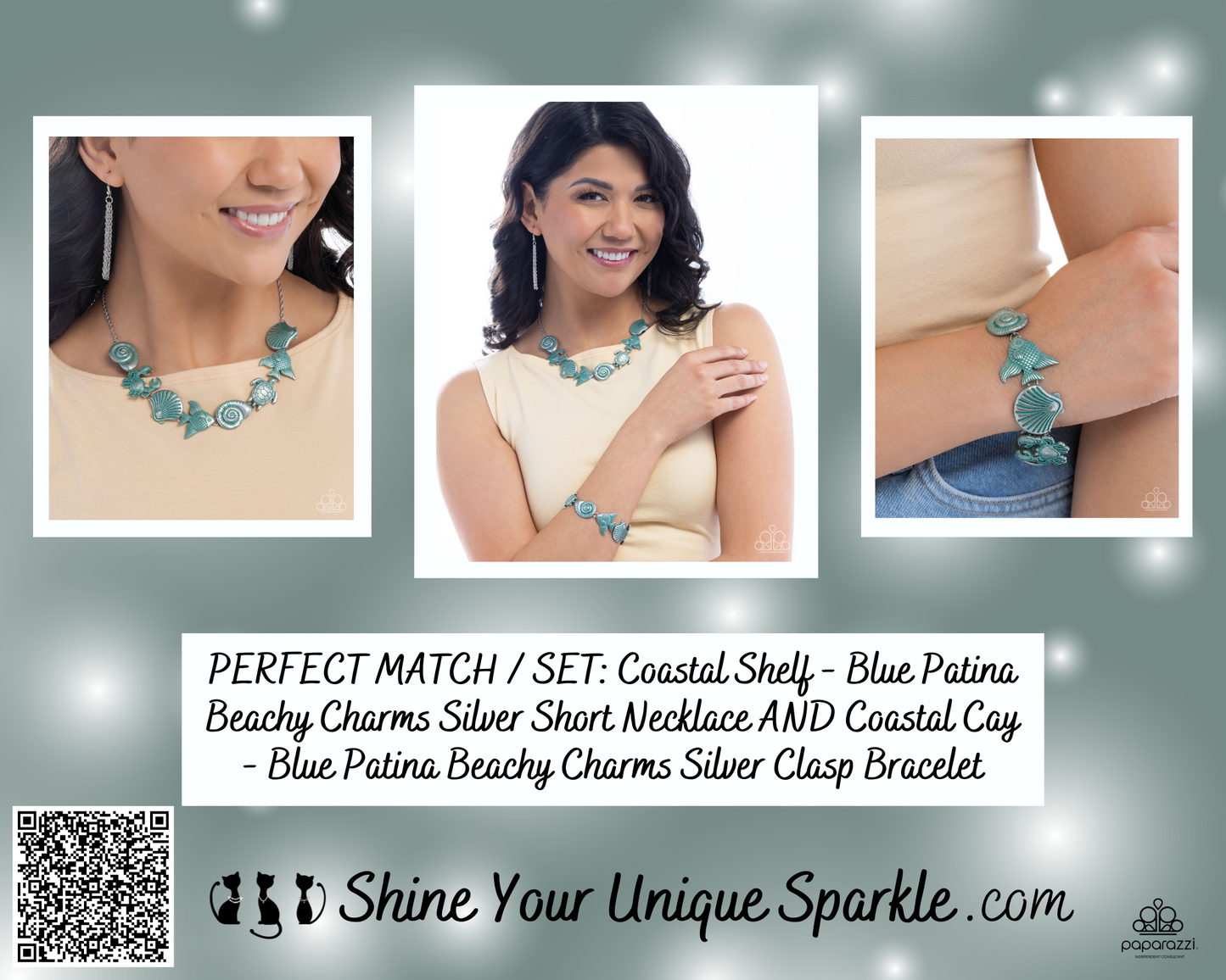 Coastal Shelf - Blue Patina Beachy Charms Silver Short Necklace