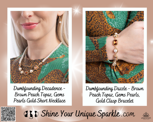 PERFECT MATCH / SET: Dumbfounding Decadence - Brown Peach Topaz, Gems Pearls Gold Short Necklace AND Dumbfounding Dazzle - Brown Peach Topaz, Gems Pearls, Gold Clasp Bracelet