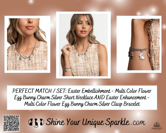 PERFECT MATCH / SET: Easter Embellishment - Multi Color Flower Egg Bunny Charm Silver Short Necklace AND Easter Enhancement - Multi Color Flower Egg Bunny Charm Silver Clasp Bracelet