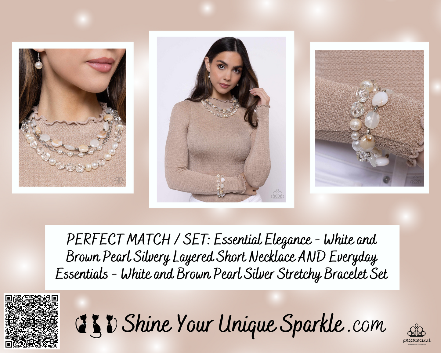 Essential Elegance - White and Brown Pearl Silvery Layered Short Necklace