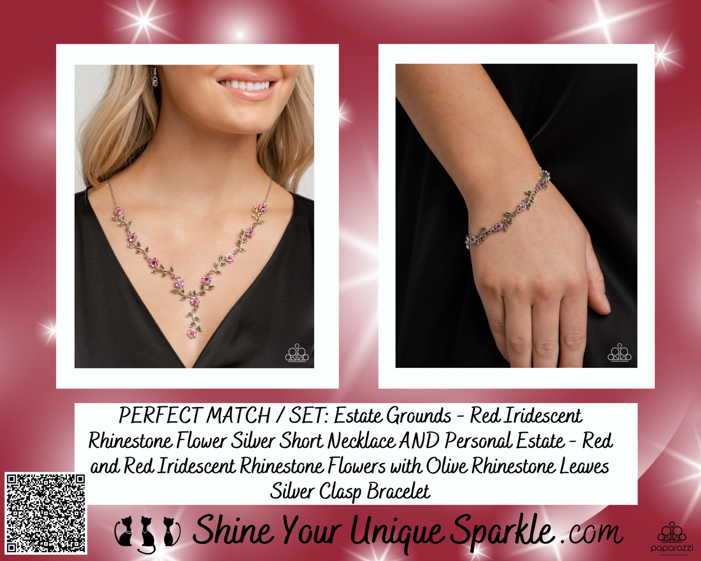 Personal Estate - Red and Red Iridescent Rhinestone Flowers with Olive Rhinestone Leaves Silver Clasp Bracelet