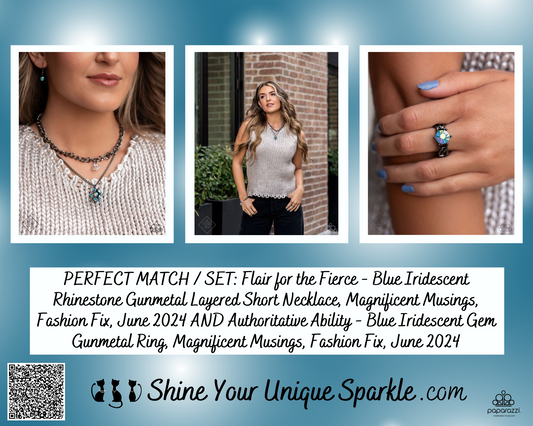 PERFECT MATCH / SET: Flair for the Fierce - Blue Iridescent Rhinestone Gunmetal Layered Short Necklace, Magnificent Musings, Fashion Fix, June 2024 AND Authoritative Ability - Blue Iridescent Gem Gunmetal Ring, Magnificent Musings, Fashion Fix, June 2024