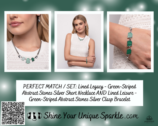 PERFECT MATCH / SET: Lined Legacy - Green-Striped Abstract Stones Silver Short Necklace AND Lined Leisure - Green-Striped Abstract Stones Silver Clasp Bracelet