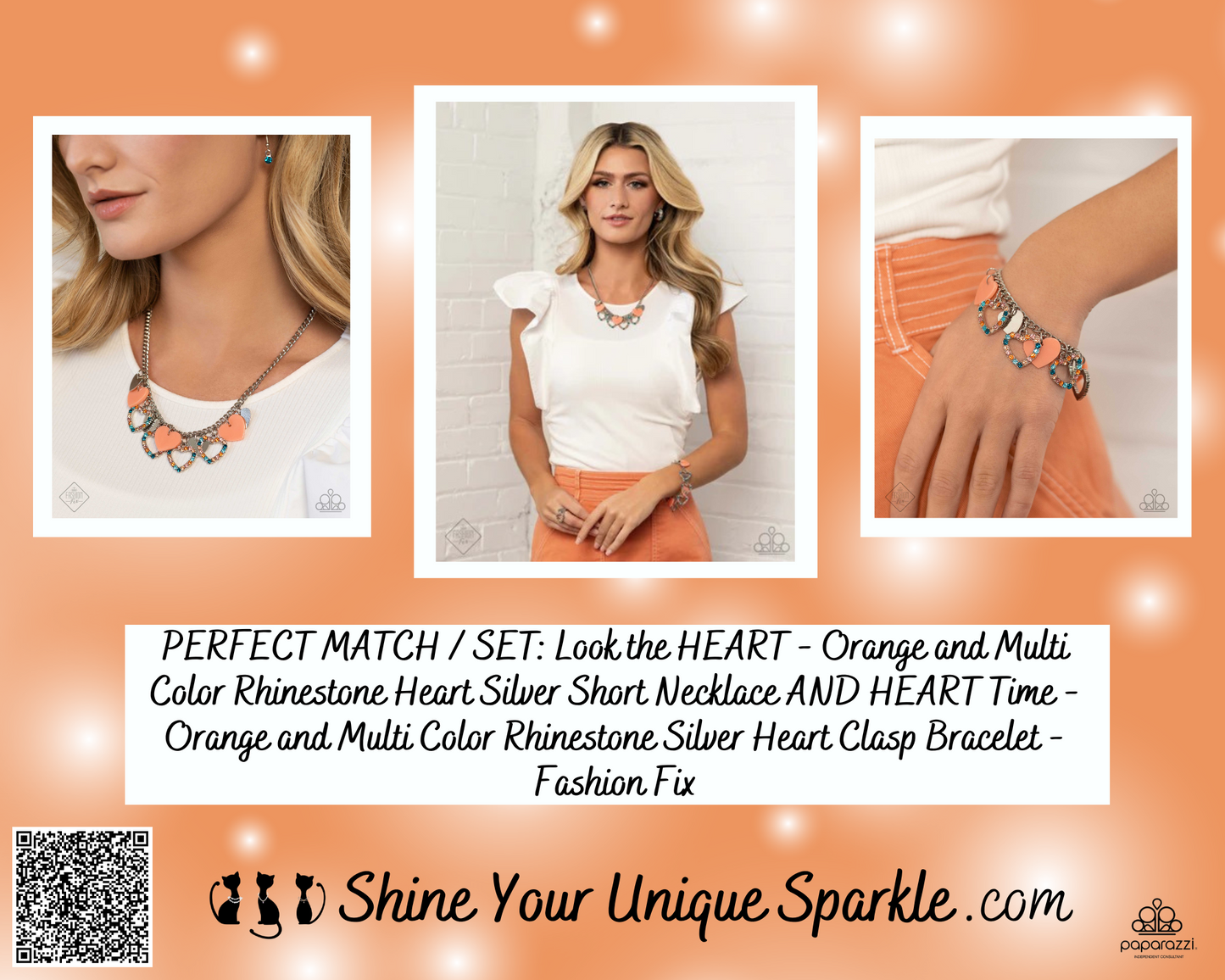 Look the HEART - Orange and Multi Color Rhinestone Heart Silver Short Necklace - Fashion Fix