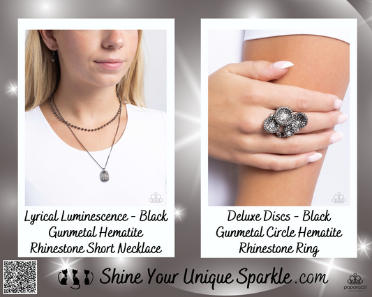 PERFECT MATCH / SET: Lyrical Luminescence - Black Gunmetal Hematite Rhinestone Short Necklace AND Deluxe Discs - Black Gunmetal Circle Hematite Rhinestone Ring