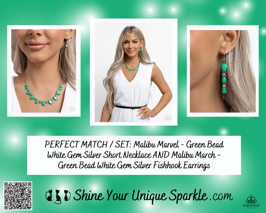 PERFECT MATCH / SET: Malibu Marvel - Green Bead White Gem Silver Short Necklace AND Malibu March - Green Bead White Gem Silver Fishhook Earrings