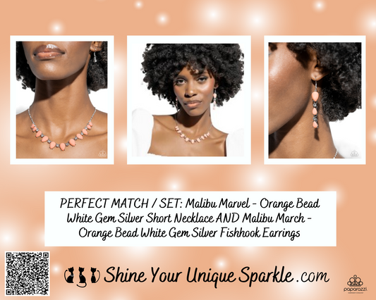 PERFECT MATCH / SET: Malibu Marvel - Orange Bead White Gem Silver Short Necklace AND Malibu March - Orange Bead White Gem Silver Fishhook Earrings