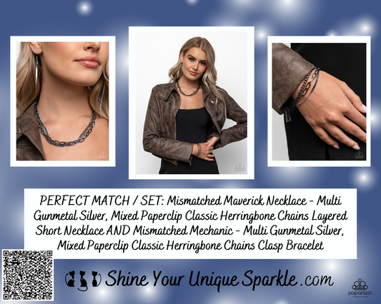 PERFECT MATCH / SET: Mismatched Maverick Necklace - Multi Gunmetal Silver, Mixed Paperclip Classic Herringbone Chains Layered Short Necklace AND Mismatched Mechanic - Multi Gunmetal Silver, Mixed Paperclip Classic Herringbone Chains Clasp Bracelet